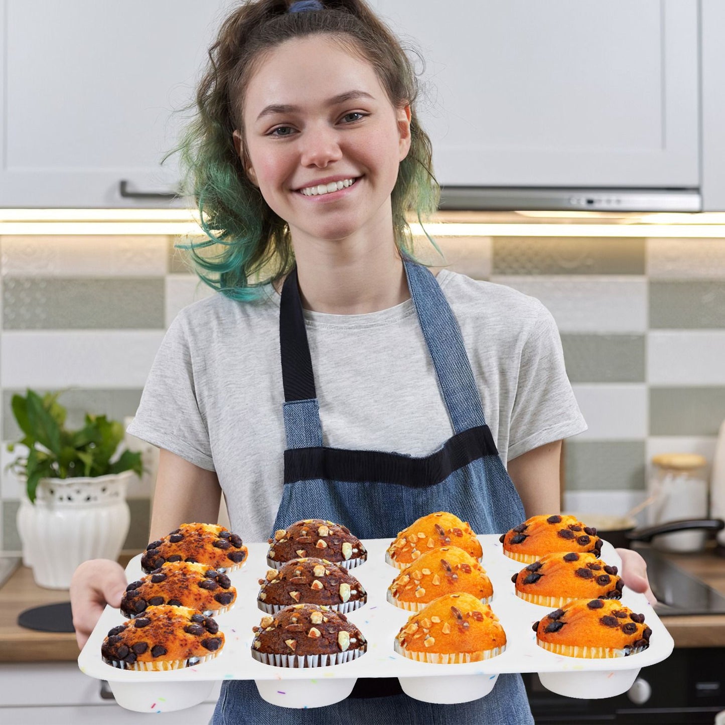 2 Pack 12 Cups Silicone Muffin Pans Nonstick Cupcake Tins Trays Regular Size Cupcake Molds Heat Resistant Oven Microwave Fridge Freezer Dishwasher Safe