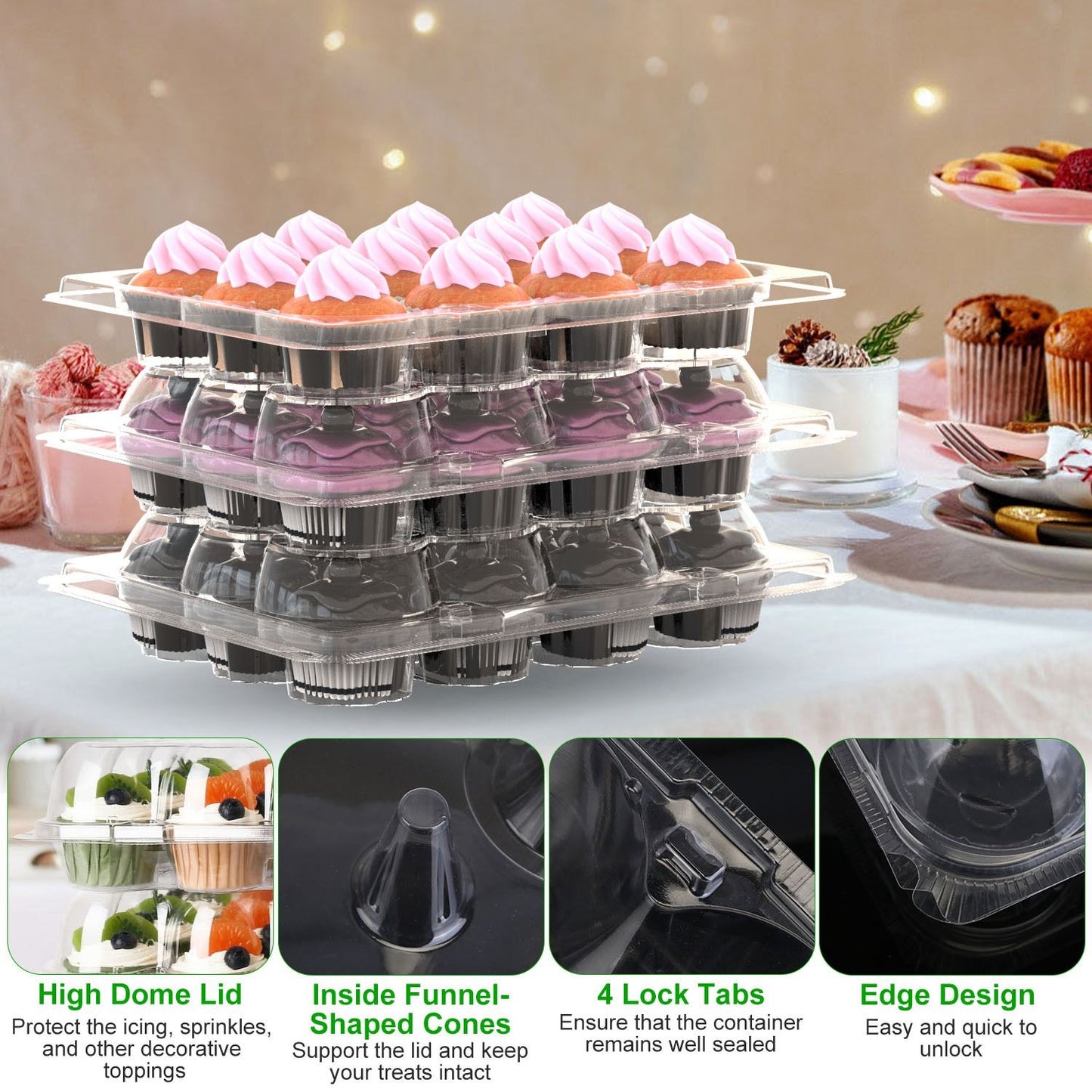 12 Count 20 Sets Clear Cupcake Boxes Disposable Cupcake Containers Stackable Cupcake Carrier Holders with 240 Liners High Dome Lid